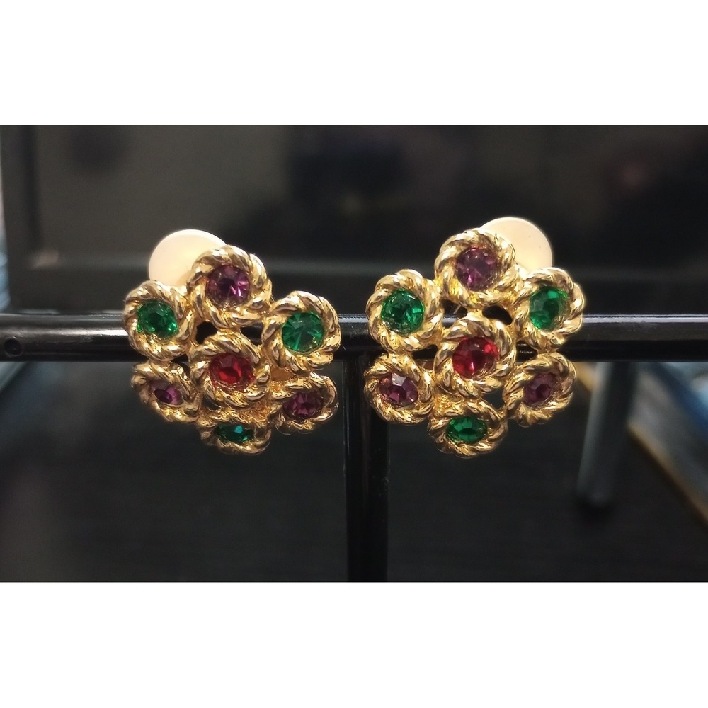 Vintage Swarovski Swan Signed‎ Gold Tone Multicolor Crystal Clip Earrings